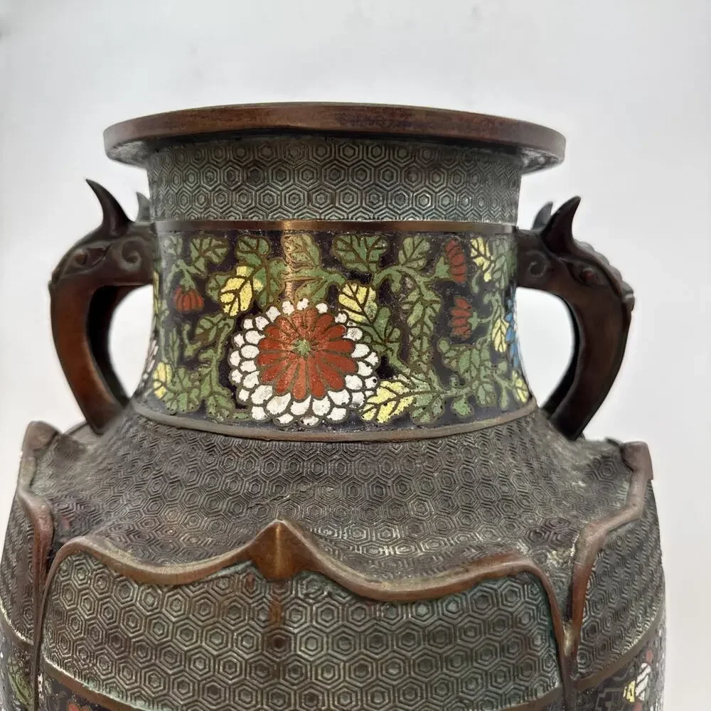 17.5” Antique Japanese Bronze Champleve Cloisonné Enamel Vase Dragon Handles ⬇️